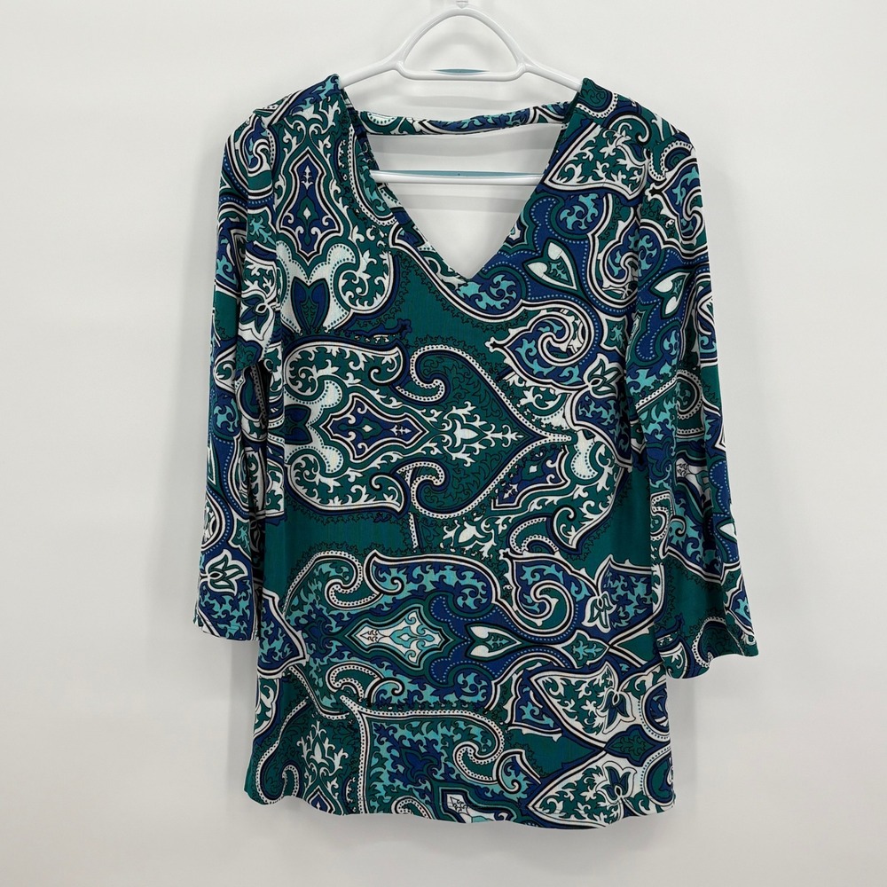 Chicos Travelers Teal Paisley V-Neck 3/4 Sleeve Tunic Top‎ Size 0 Small